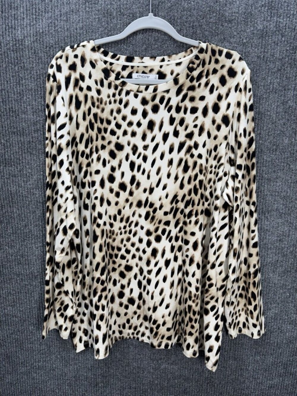 Chicos Touch Of Cool Top Womens 4/2XL Beige Tan Leopard Animal Print Long Sleeve
